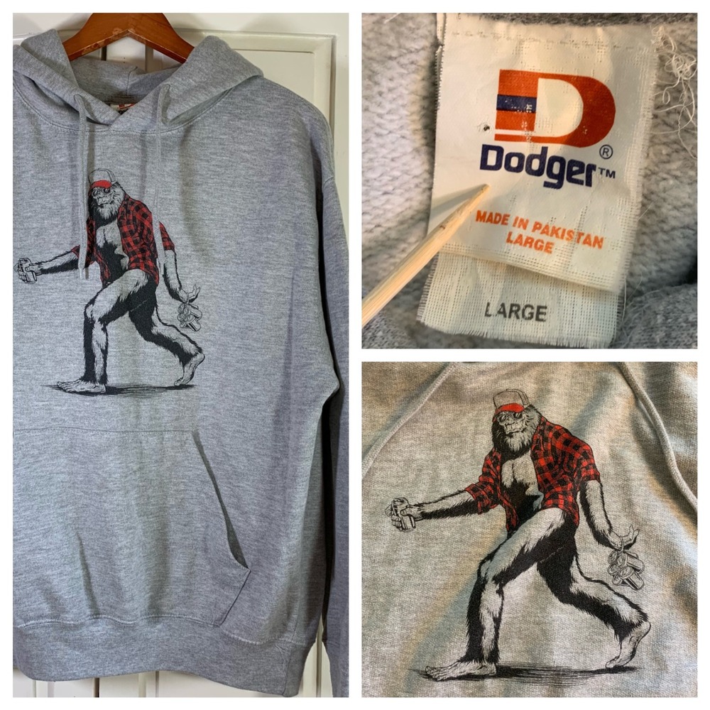 Dodger Bigfoot Hoodie Mens Large Gray Graphic Beer Plaid Flannel‎ Sasquatch READ